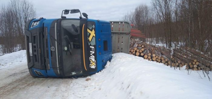 Лесовоз с бревнами опрокинулся на дороге в Вологодской области